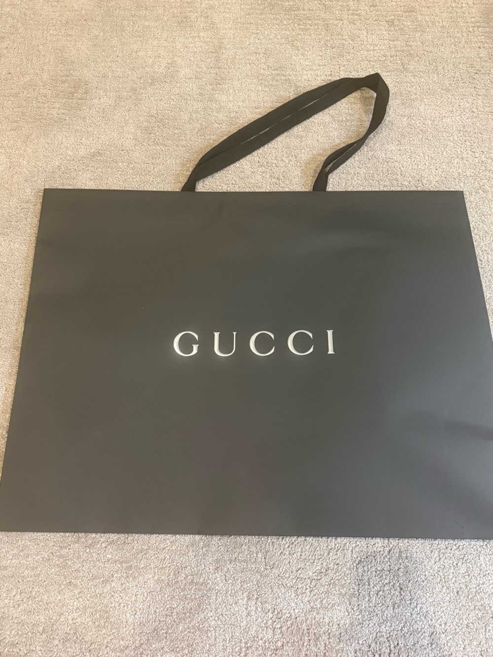HUGE Gucci Matte Black Shopping Bag with Silver Logo. Gucci logo on both sides.